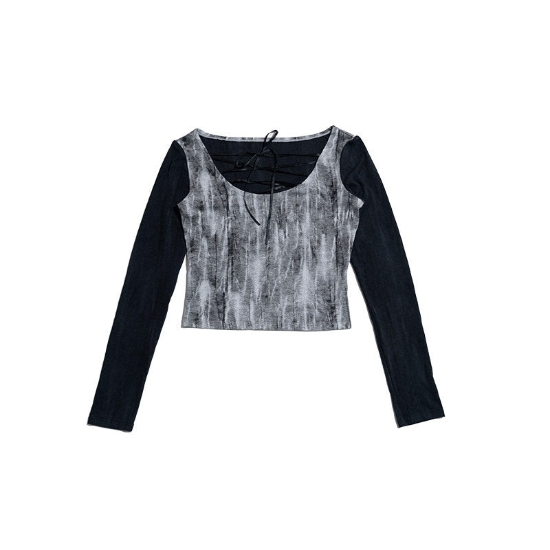NextPassport_MOF_Black_Tie_Dye_Printed_Lace_Up_U_Neck_Women's_Other_Fabric_Long_Sleeve_T-shirts_824784439419_MISSTT