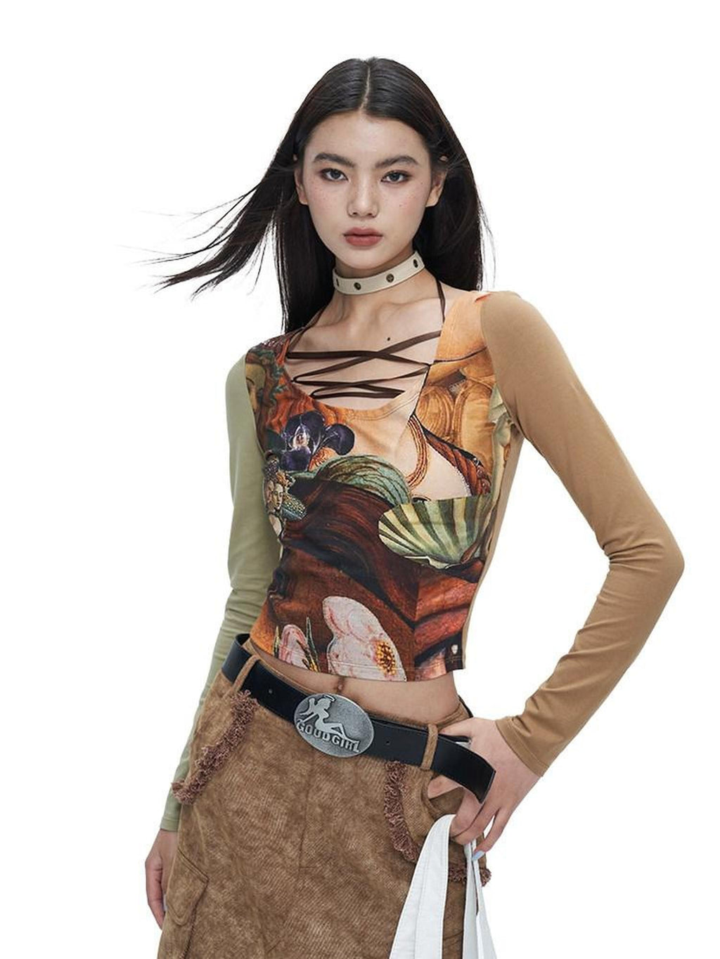 NextPassport MOF Black Tie Dye Printed Lace Up U Neck Women's Other Fabric Long Sleeve T-shirts