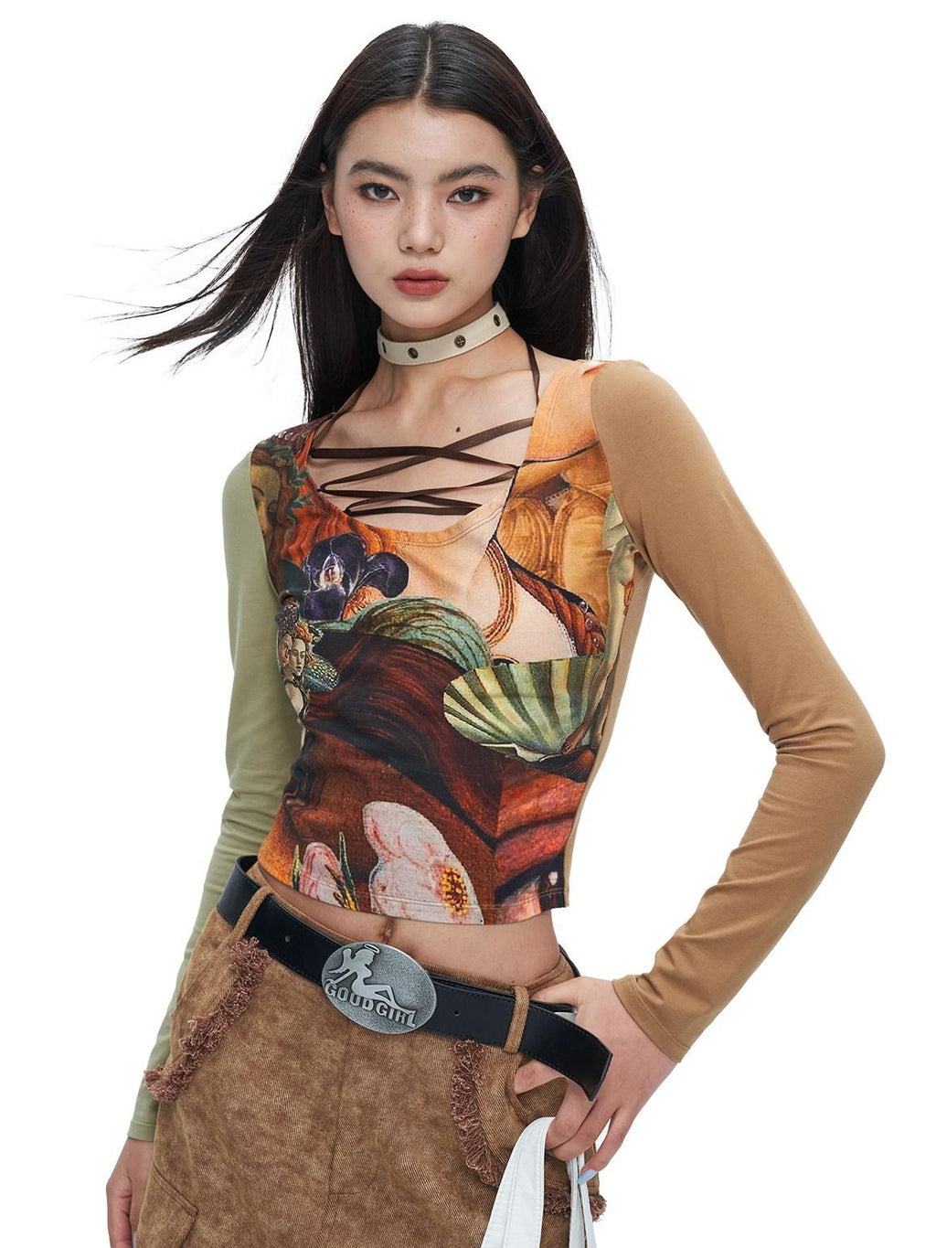 NextPassport MOF Black Tie Dye Printed Lace Up U Neck Women's Other Fabric Long Sleeve T-shirts