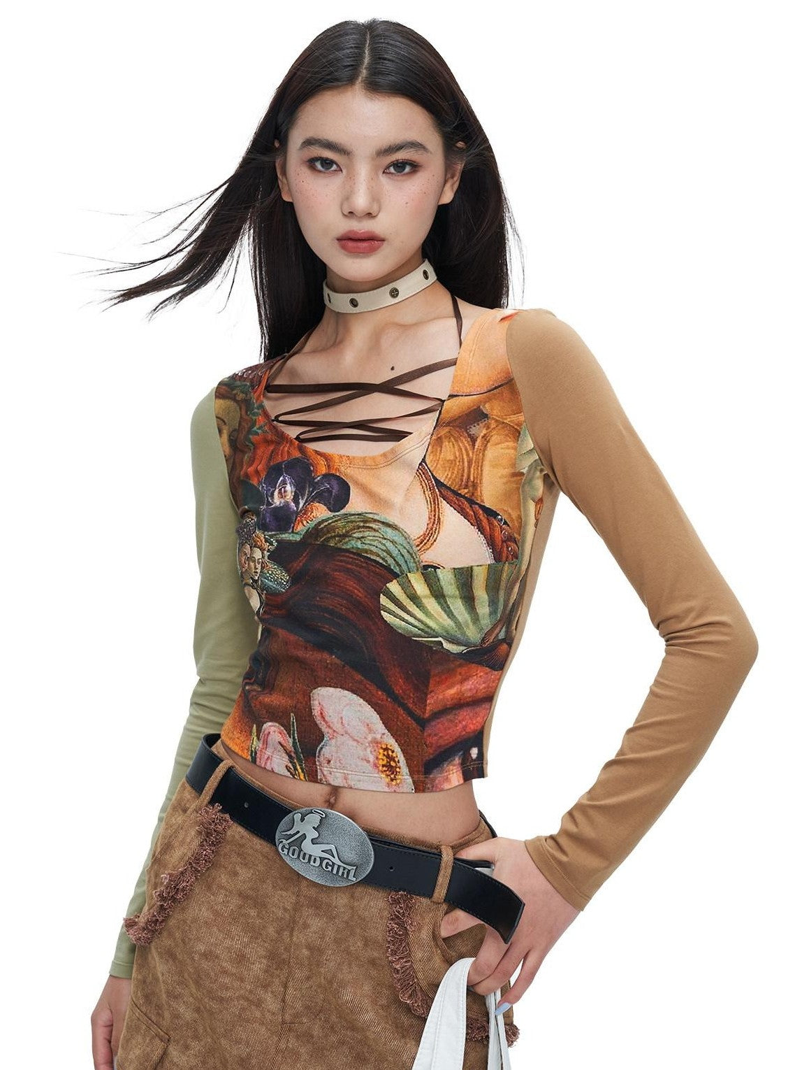 NextPassport MOF Black Tie Dye Printed Lace Up U Neck Women's Other Fabric Long Sleeve T-shirts