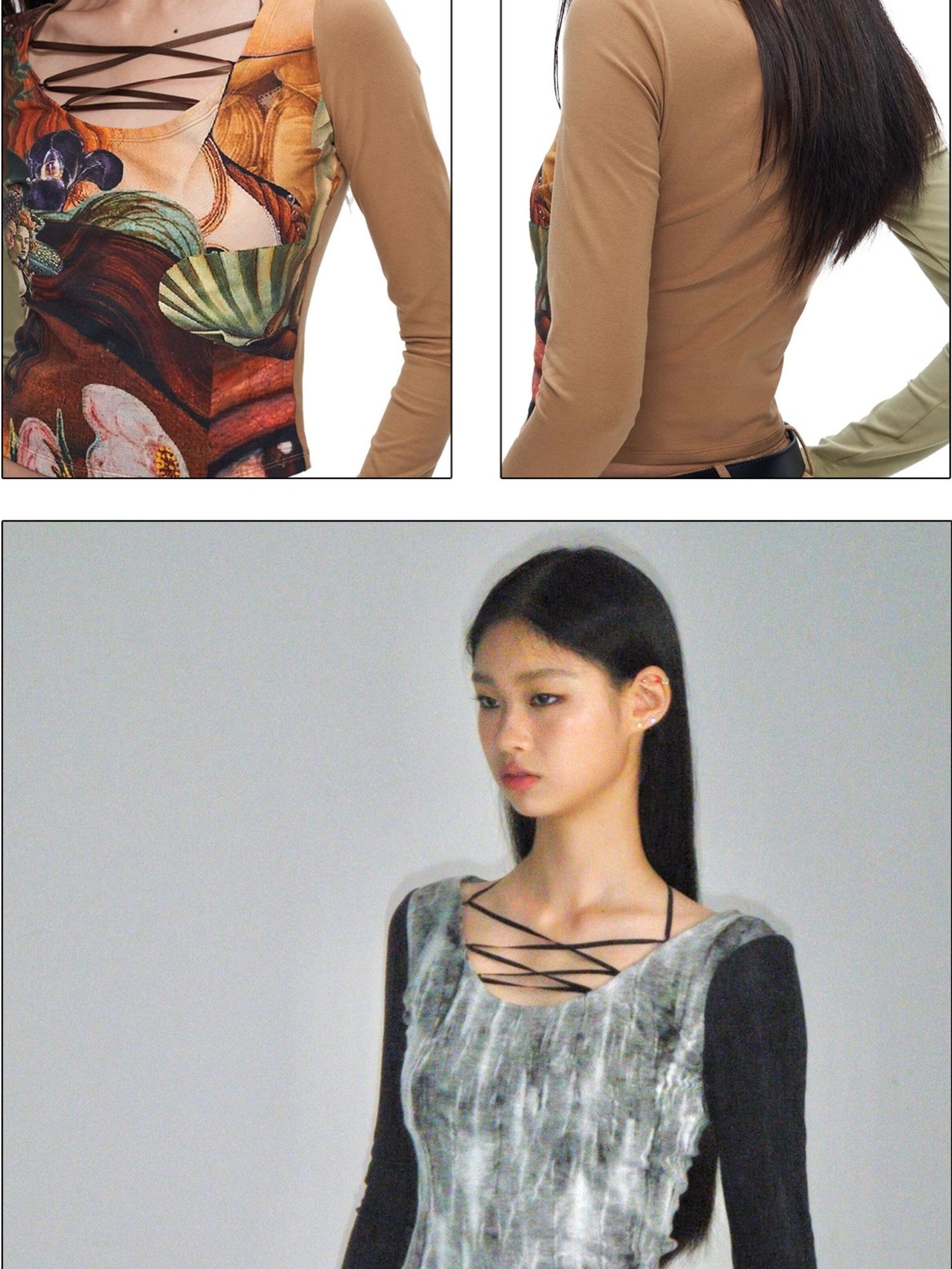 NextPassport MOF Black Tie Dye Printed Lace Up U Neck Women's Other Fabric Long Sleeve T-shirts