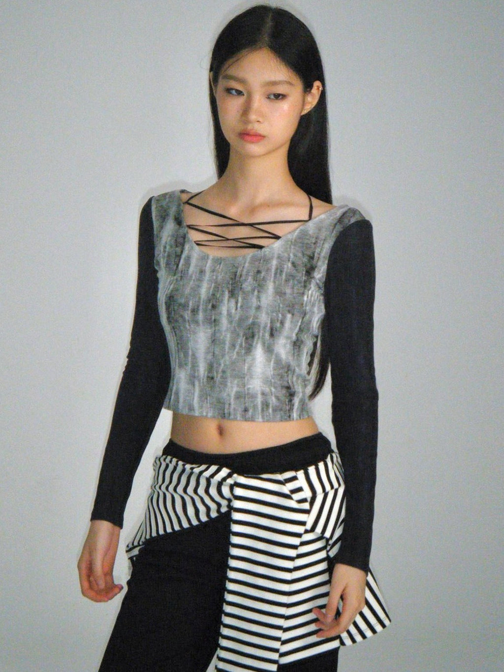 NextPassport MOF Black Tie Dye Printed Lace Up U Neck Women's Other Fabric Long Sleeve T-shirts