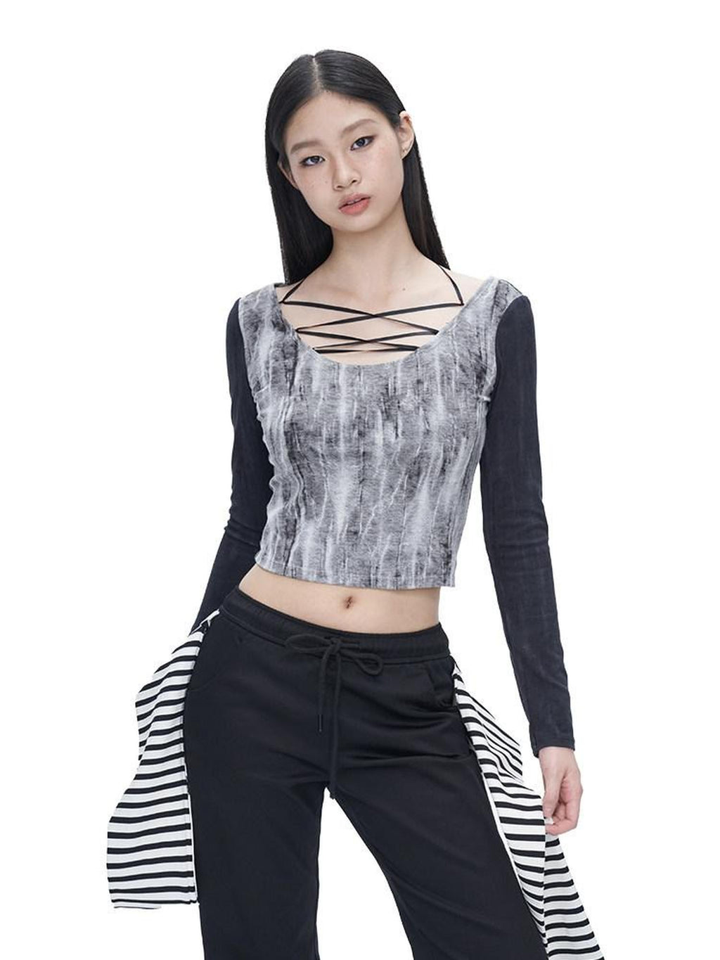 NextPassport MOF Black Tie Dye Printed Lace Up U Neck Women's Other Fabric Long Sleeve T-shirts