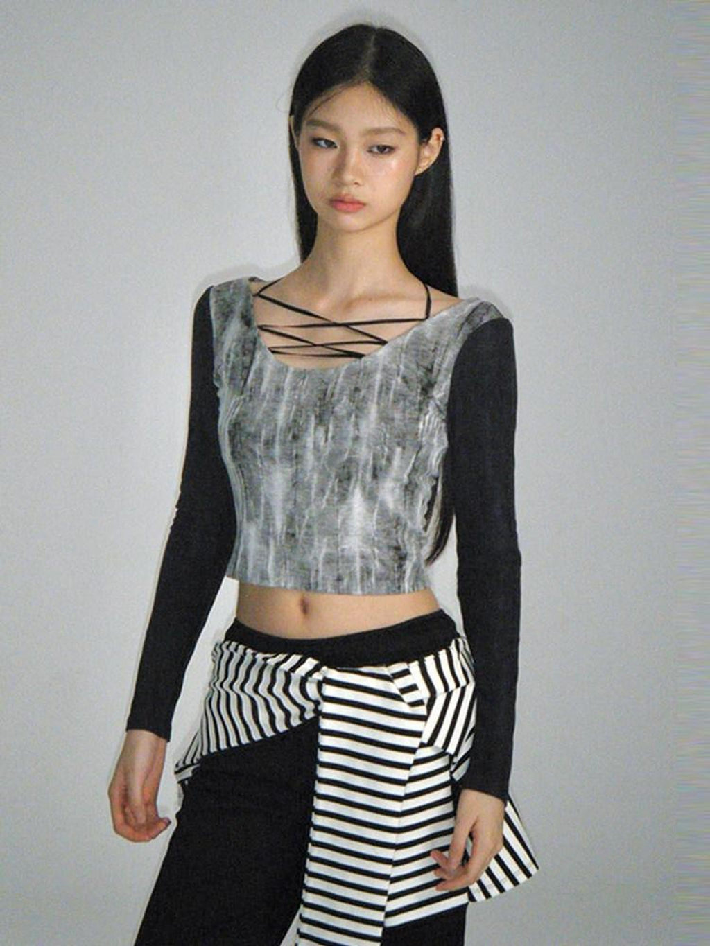 NextPassport MOF Black Tie Dye Printed Lace Up U Neck Women's Other Fabric Long Sleeve T-shirts
