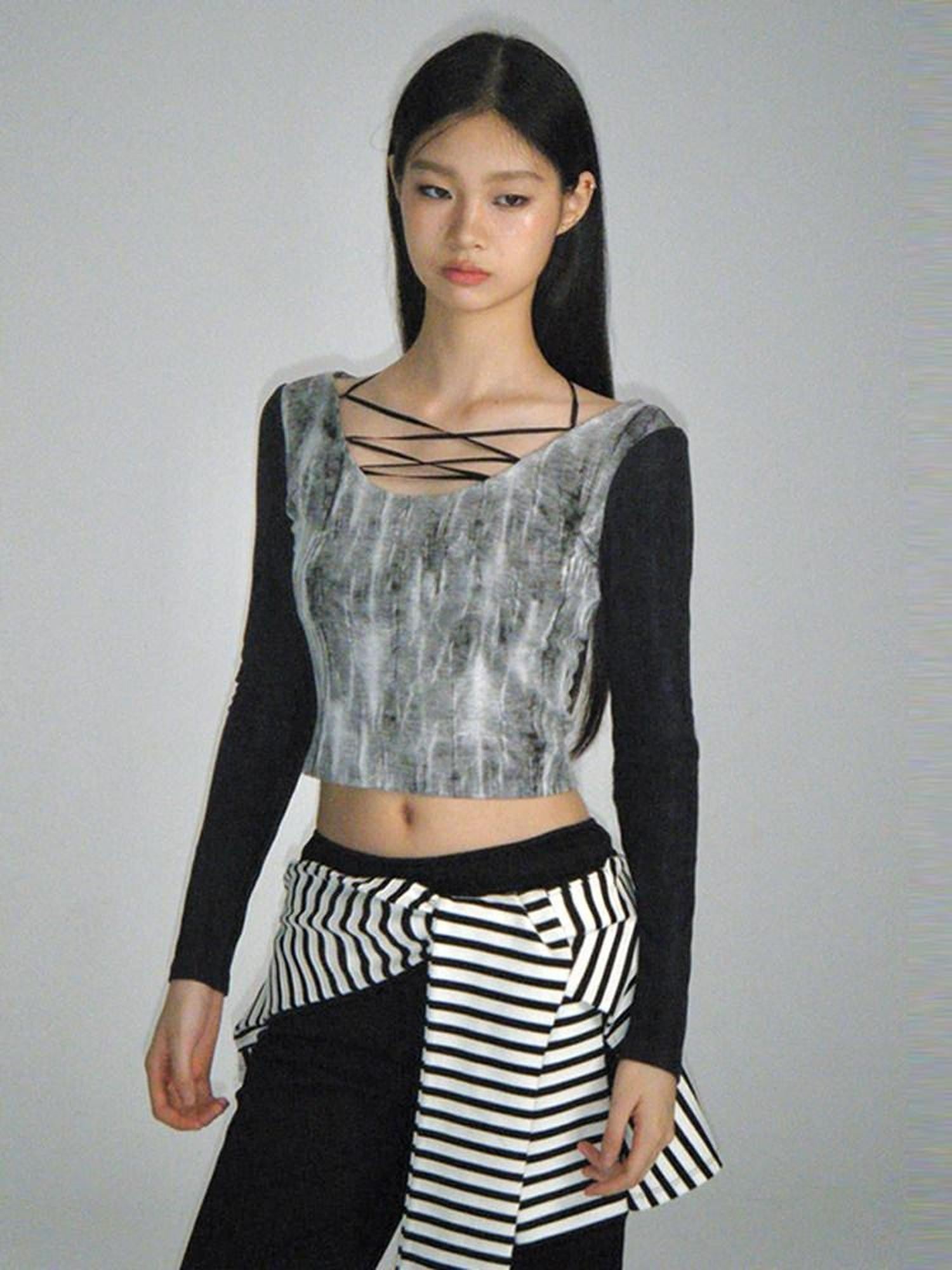 NextPassport MOF Black Tie Dye Printed Lace Up U Neck Women's Other Fabric Long Sleeve T-shirts