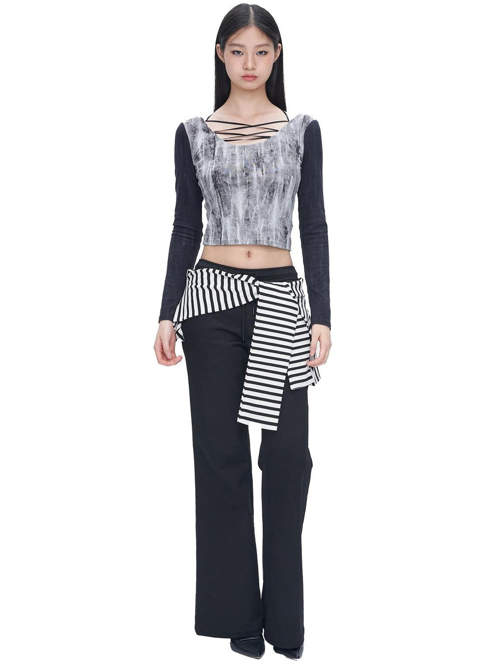 NextPassport MOF Black Tie Dye Printed Lace Up U Neck Women's Other Fabric Long Sleeve T-shirts