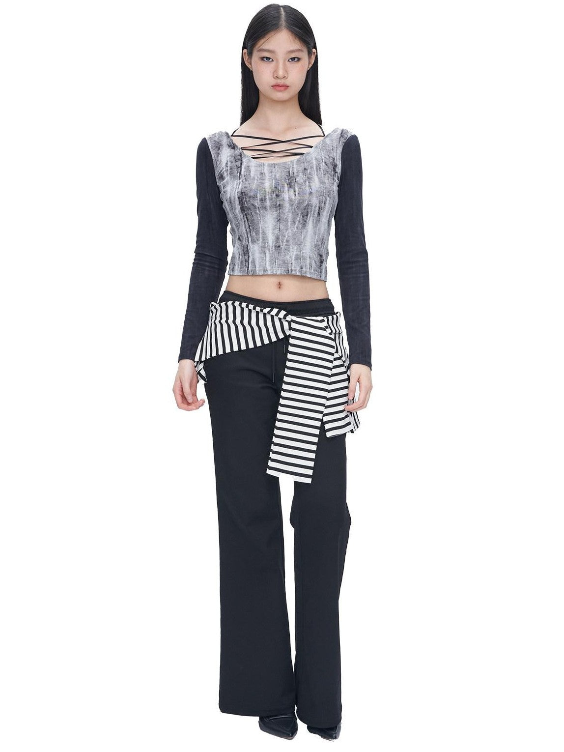 NextPassport MOF Black Tie Dye Printed Lace Up U Neck Women's Other Fabric Long Sleeve T-shirts