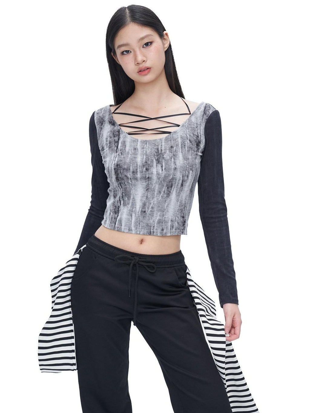 NextPassport MOF Black Tie Dye Printed Lace Up U Neck Women's Other Fabric Long Sleeve T-shirts