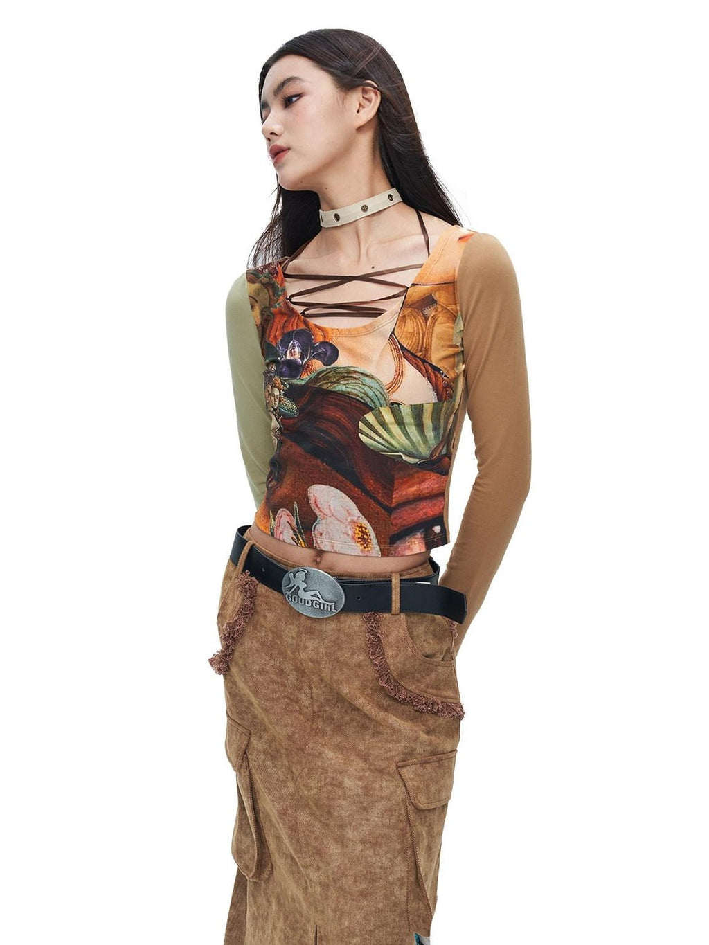 NextPassport MOF Black Tie Dye Printed Lace Up U Neck Women's Other Fabric Long Sleeve T-shirts