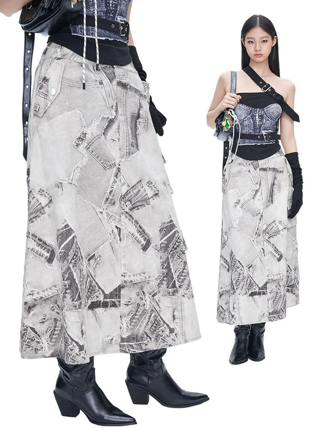 NextPassport MOF Black White Denim Print Asymmetrical A Line Women's Cotton Maxi Skirts