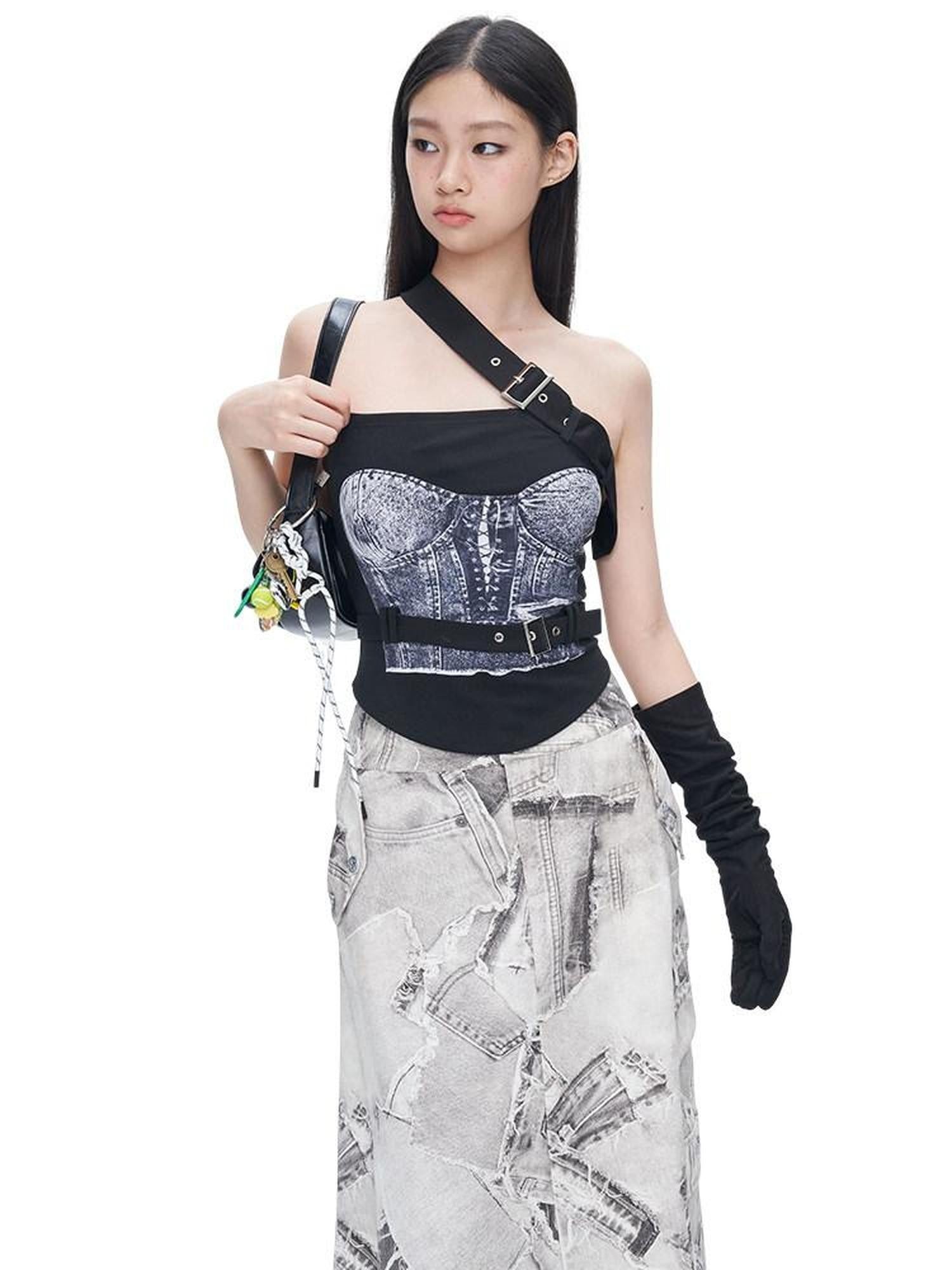 NextPassport MOF Black White Denim Print Asymmetrical A Line Women's Cotton Maxi Skirts