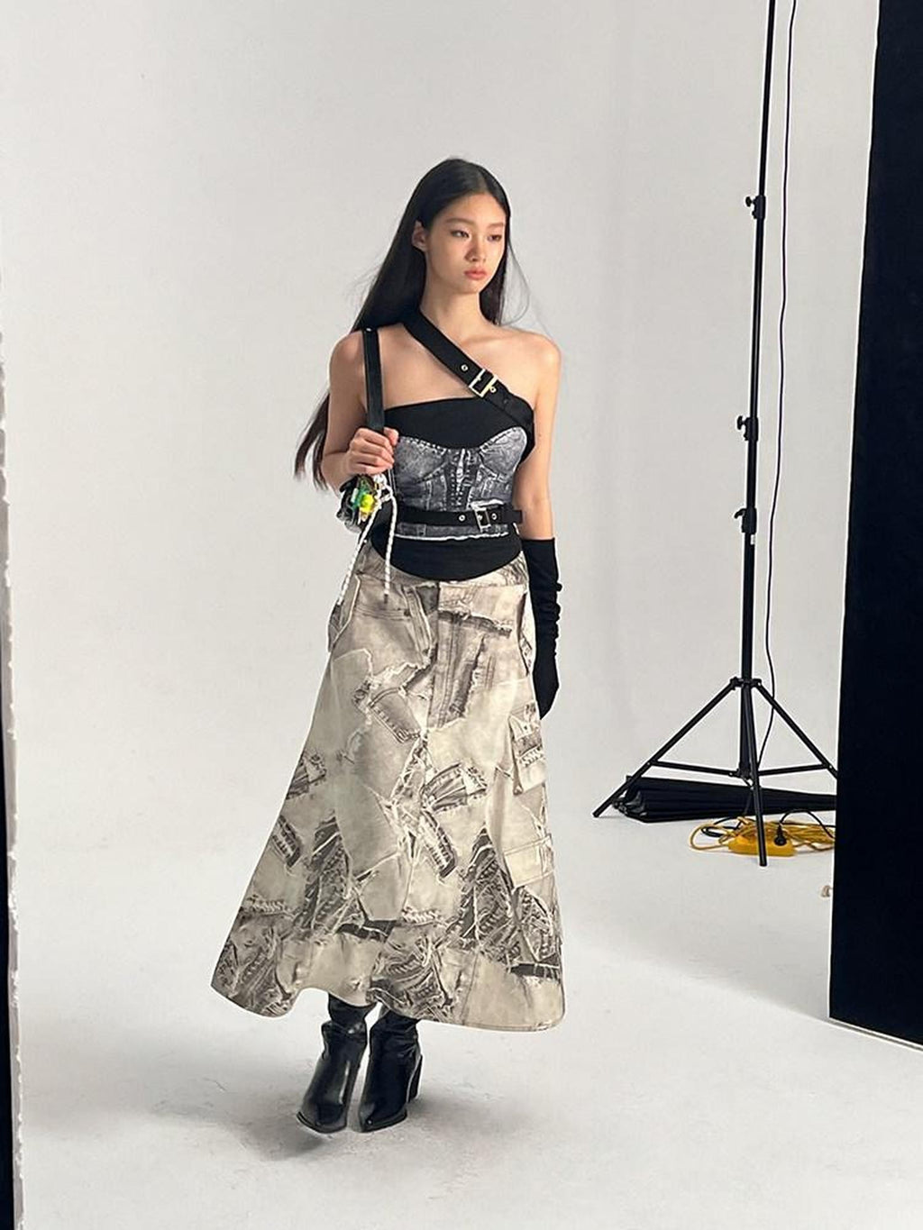 NextPassport MOF Black White Denim Print Asymmetrical A Line Women's Cotton Maxi Skirts