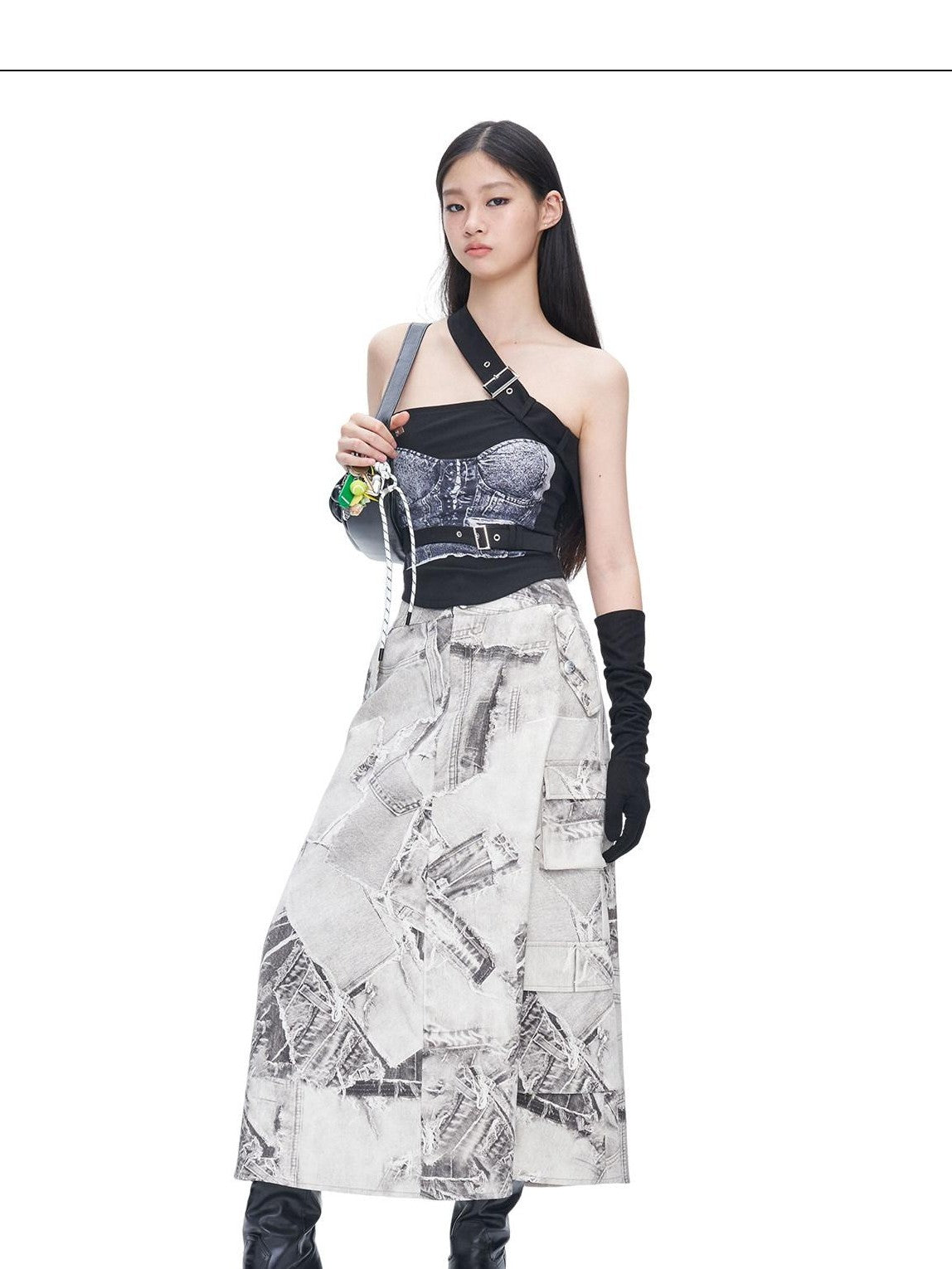 NextPassport MOF Black White Denim Print Asymmetrical A Line Women's Cotton Maxi Skirts