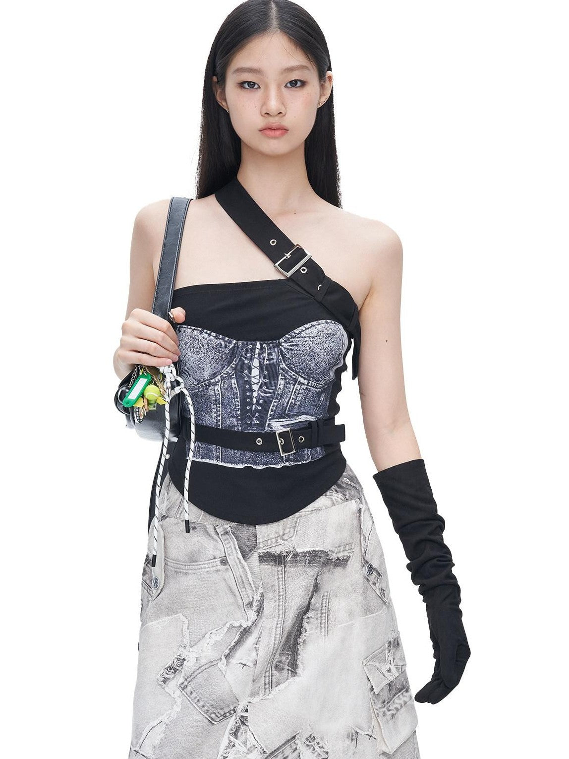 NextPassport MOF Black White Denim Print Asymmetrical A Line Women's Cotton Maxi Skirts