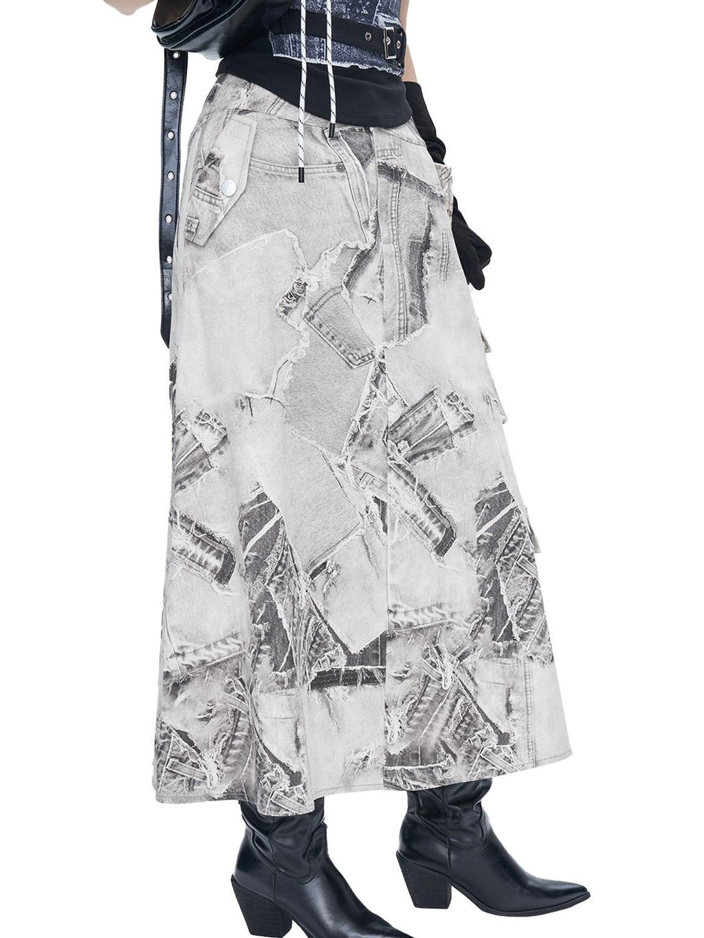NextPassport MOF Black White Denim Print Asymmetrical A Line Women's Cotton Maxi Skirts