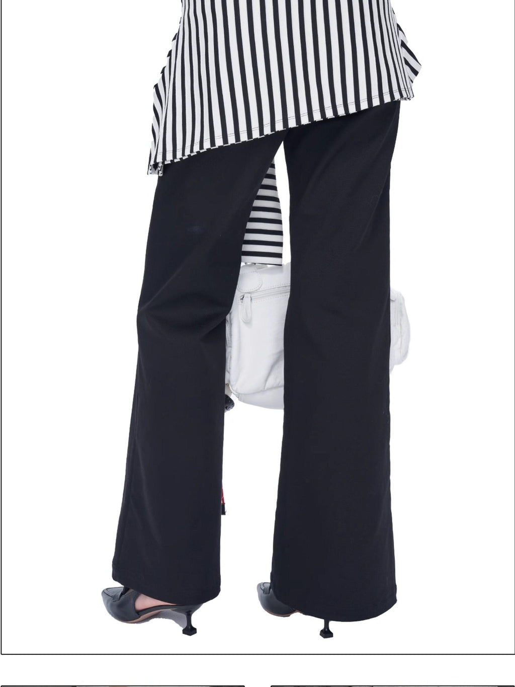 NextPassport MOF Black White Stripe Patch Faux Two Piece Women's Cotton Spandex Flare Pants