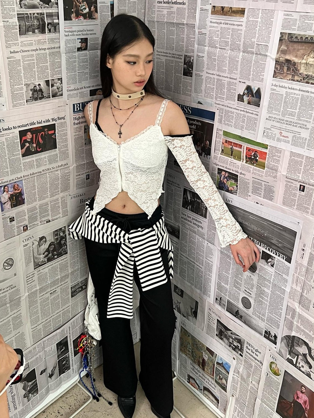 NextPassport MOF Black White Stripe Patch Faux Two Piece Women's Cotton Spandex Flare Pants