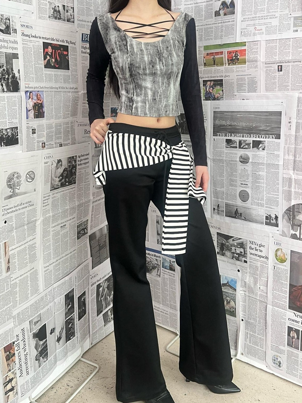 NextPassport MOF Black White Stripe Patch Faux Two Piece Women's Cotton Spandex Flare Pants