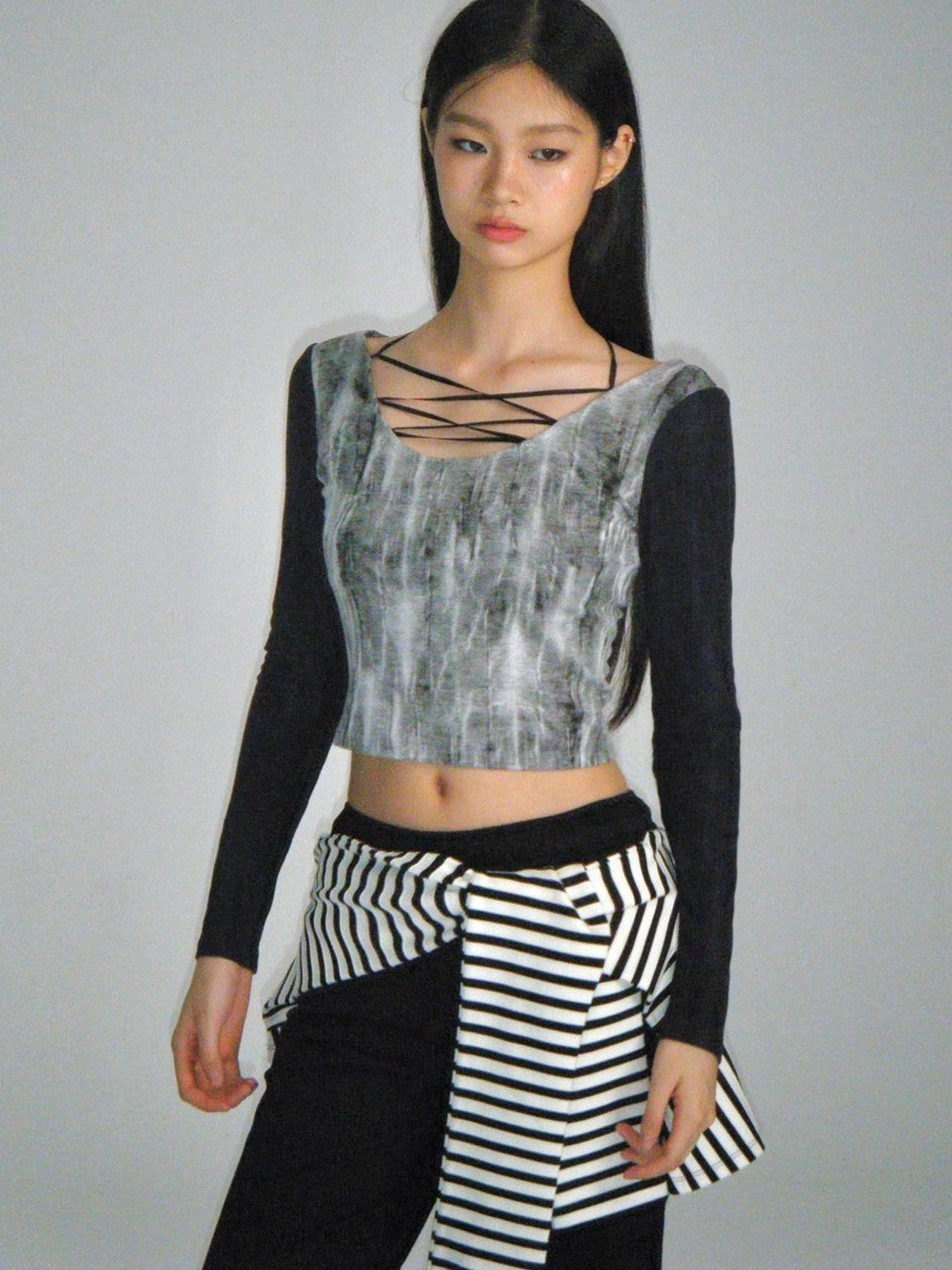 NextPassport MOF Black White Stripe Patch Faux Two Piece Women's Cotton Spandex Flare Pants
