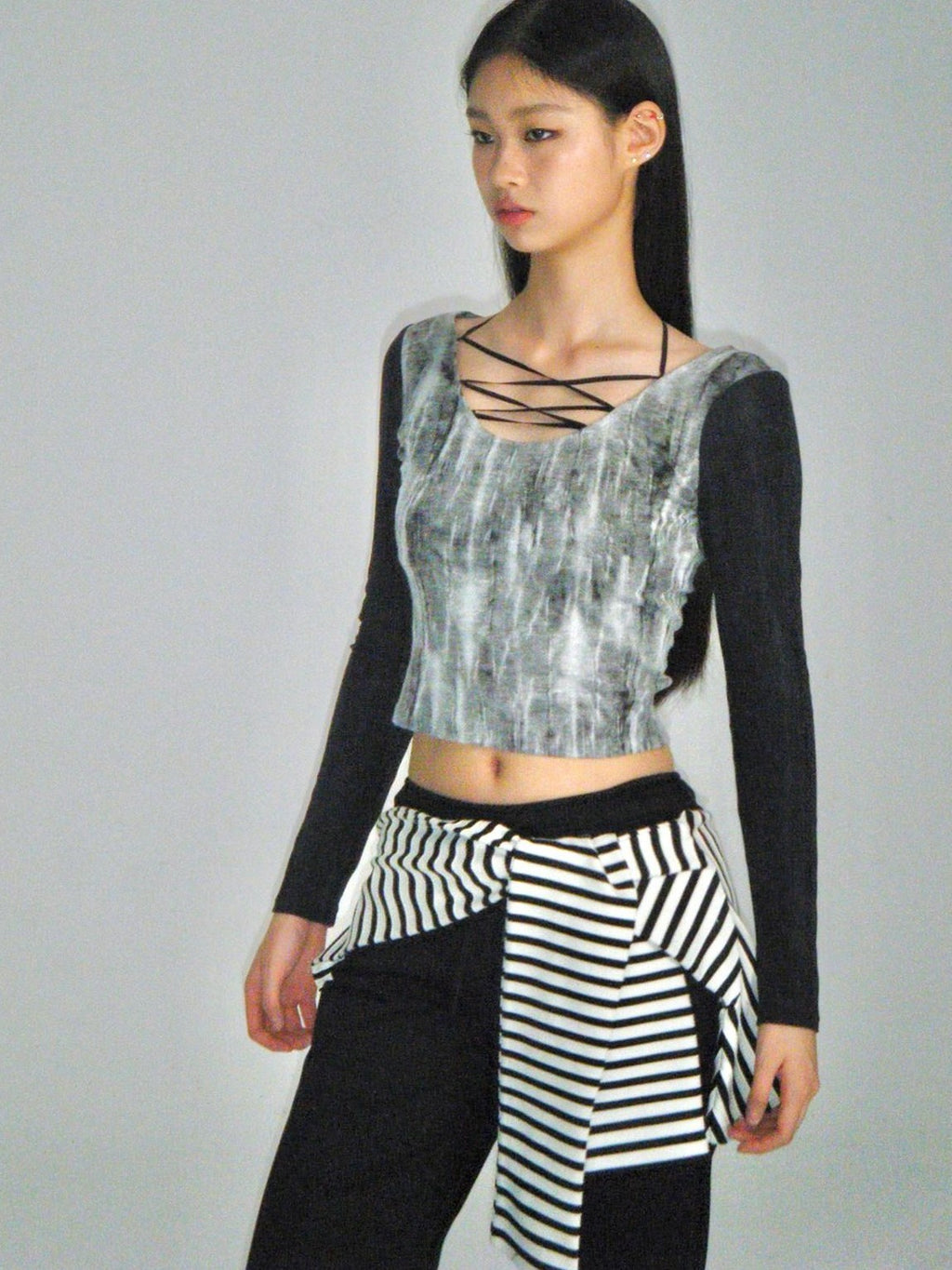 NextPassport MOF Black White Stripe Patch Faux Two Piece Women's Cotton Spandex Flare Pants