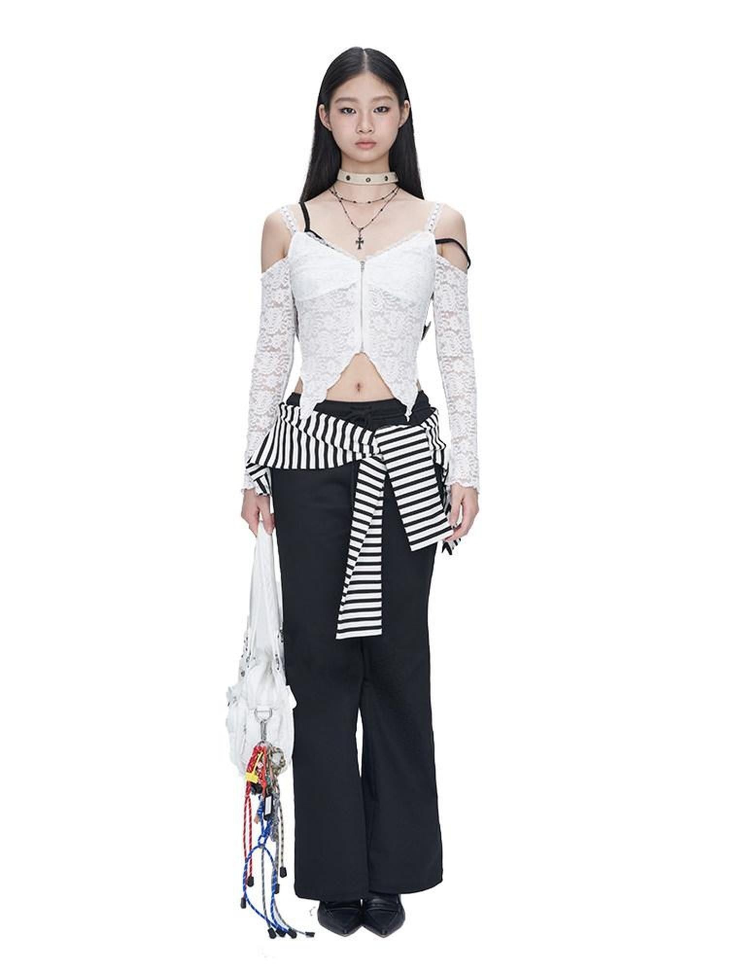NextPassport MOF Black White Stripe Patch Faux Two Piece Women's Cotton Spandex Flare Pants