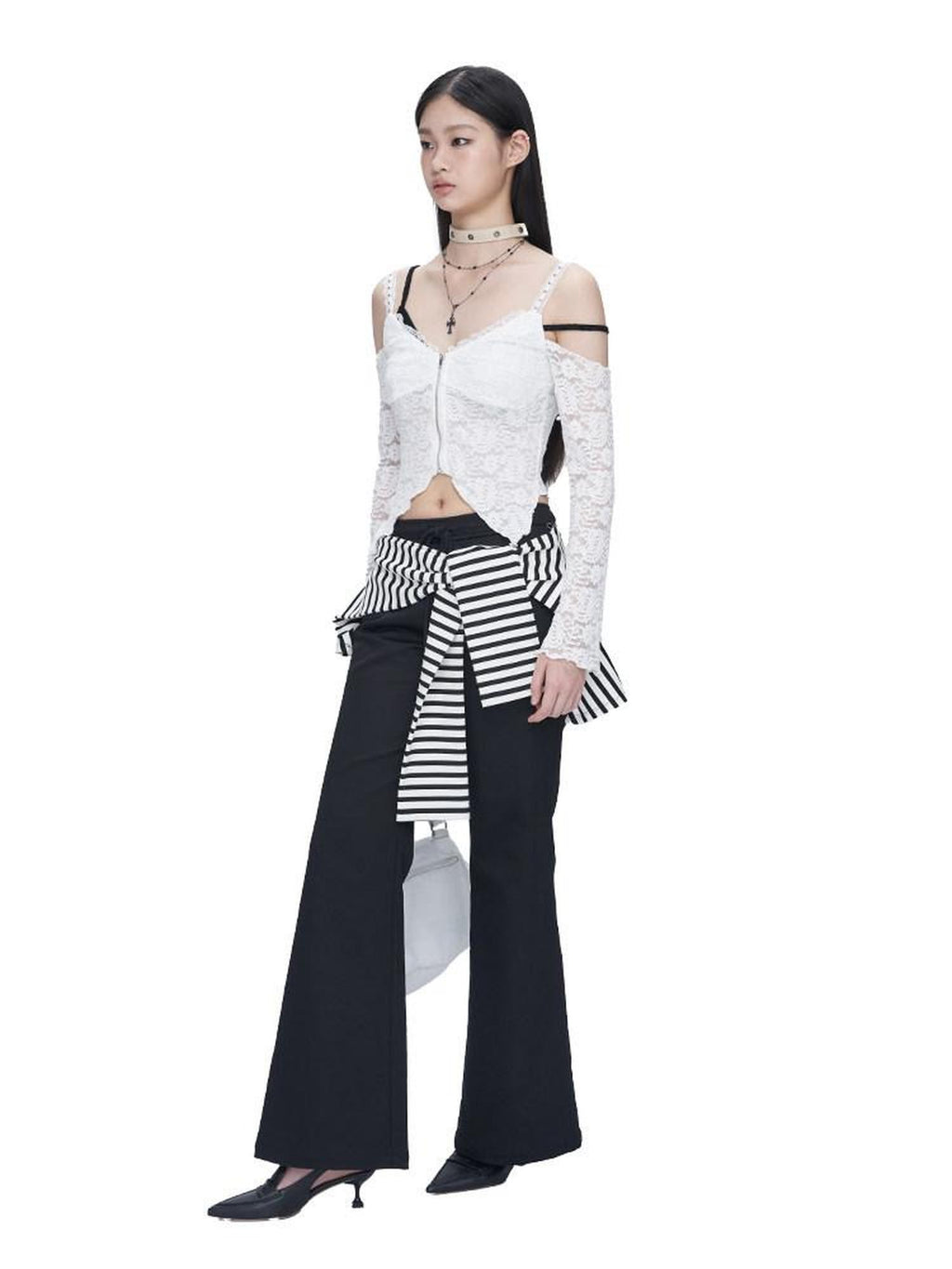 NextPassport MOF Black White Stripe Patch Faux Two Piece Women's Cotton Spandex Flare Pants