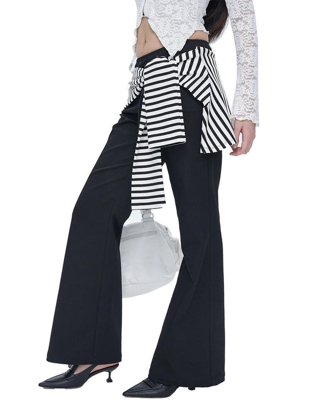 NextPassport MOF Black White Stripe Patch Faux Two Piece Women's Cotton Spandex Flare Pants