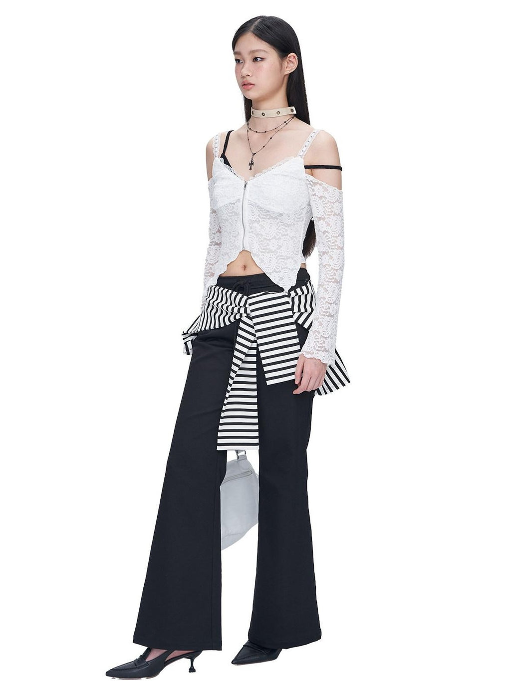 NextPassport MOF Black White Stripe Patch Faux Two Piece Women's Cotton Spandex Flare Pants
