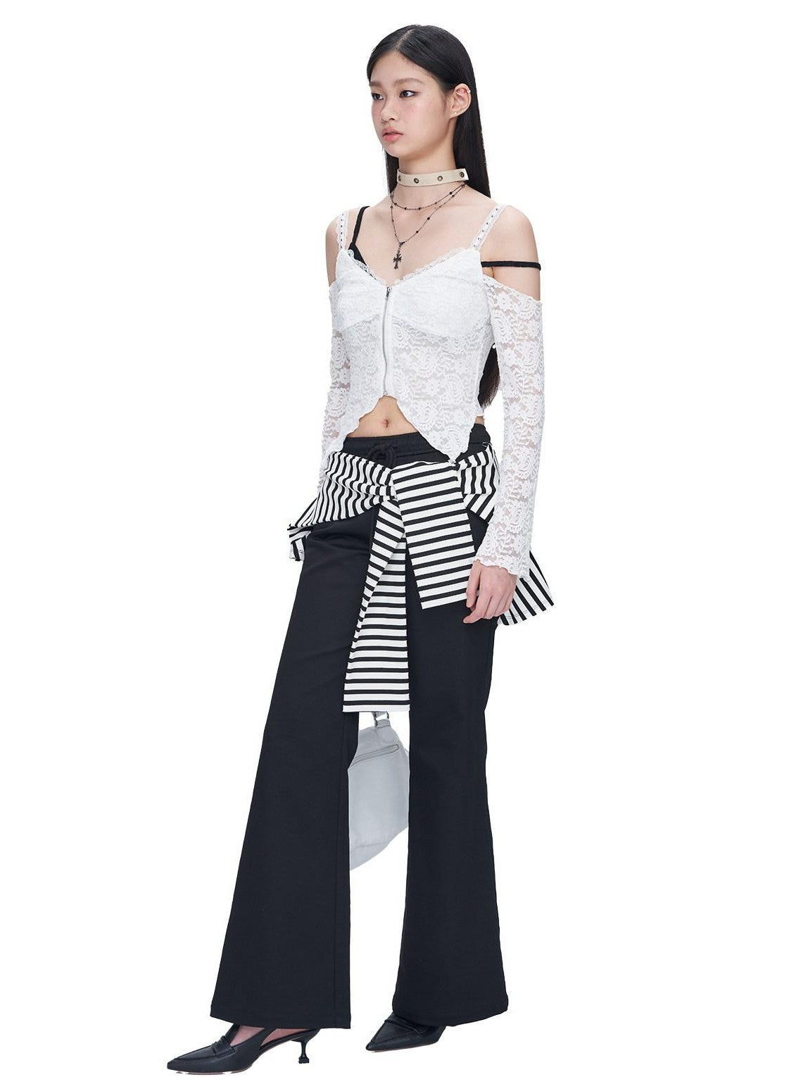 NextPassport MOF Black White Stripe Patch Faux Two Piece Women's Cotton Spandex Flare Pants