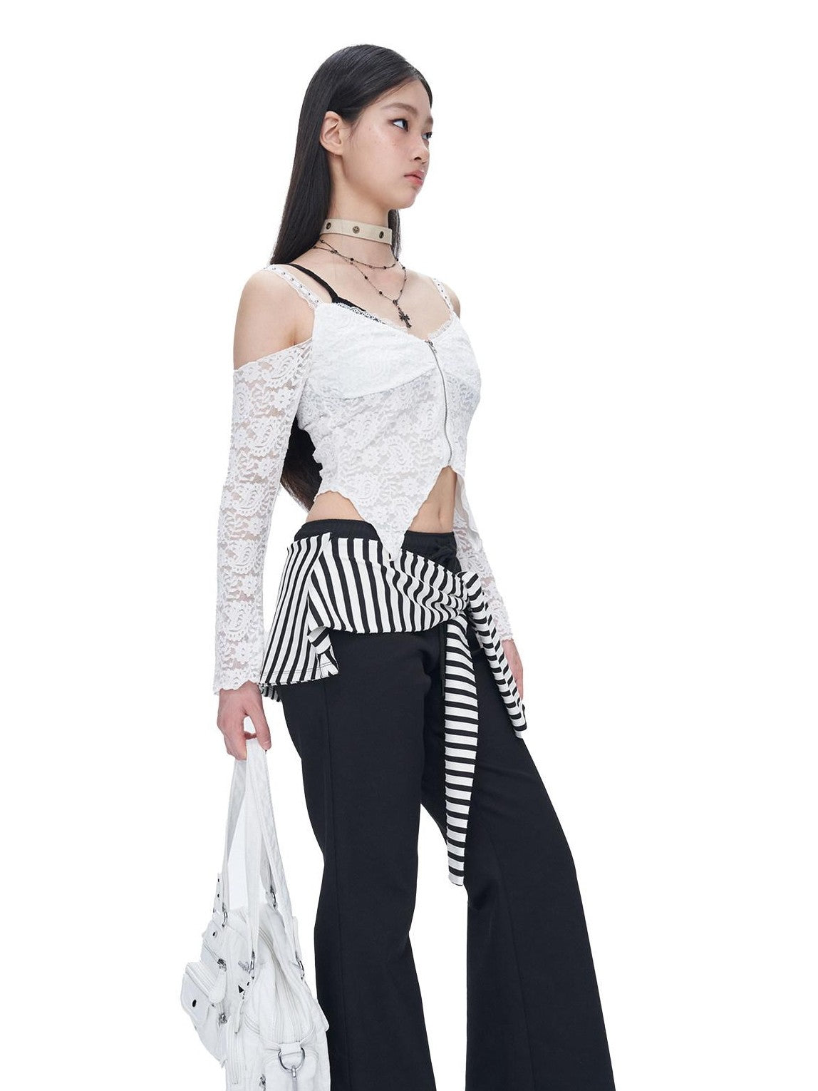 NextPassport MOF Black White Stripe Patch Faux Two Piece Women's Cotton Spandex Flare Pants