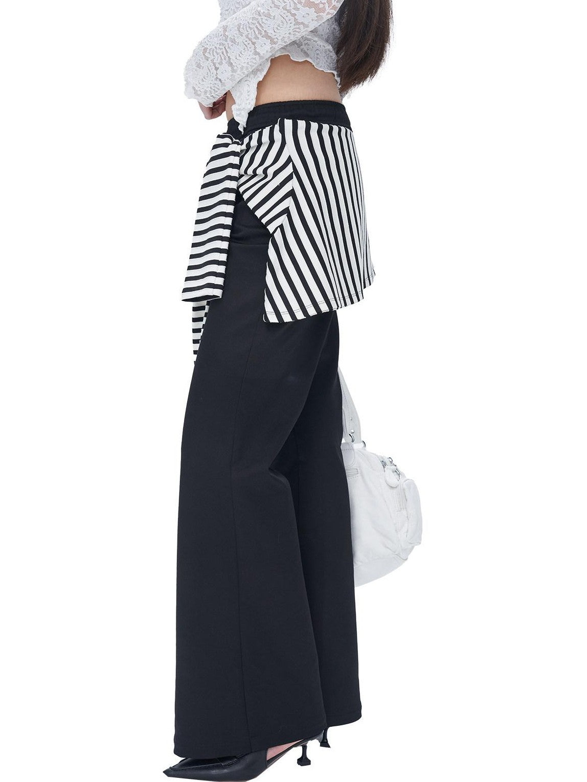 NextPassport MOF Black White Stripe Patch Faux Two Piece Women's Cotton Spandex Flare Pants