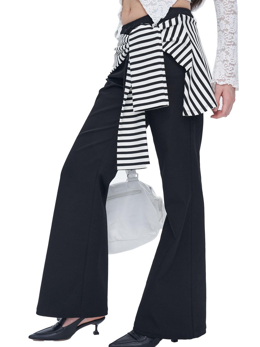 NextPassport MOF Black White Stripe Patch Faux Two Piece Women's Cotton Spandex Flare Pants