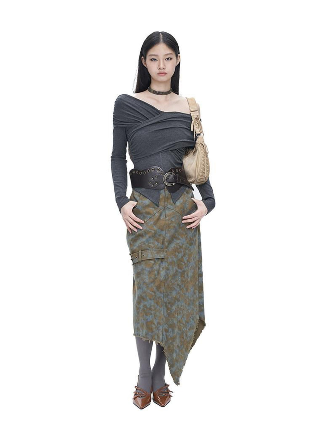 NextPassport MOF Blue Brown Tie Dye Asymmetrical Denim Women's 100 Percent Cotton Maxi Skirts