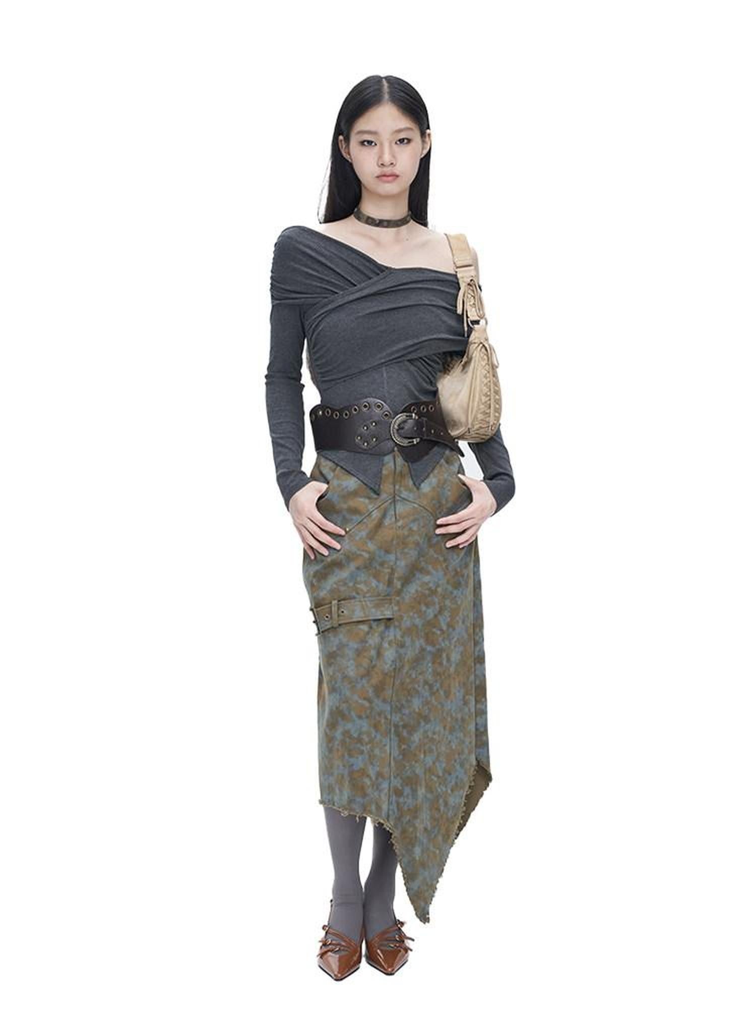 NextPassport MOF Blue Brown Tie Dye Asymmetrical Denim Women's 100 Percent Cotton Maxi Skirts