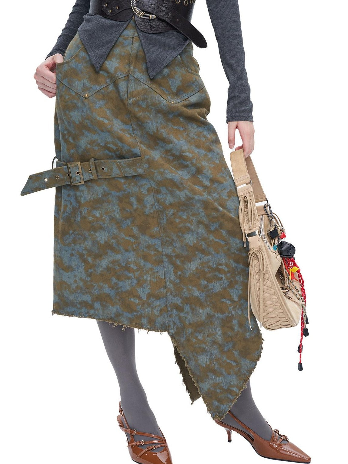 NextPassport MOF Blue Brown Tie Dye Asymmetrical Denim Women's 100 Percent Cotton Maxi Skirts