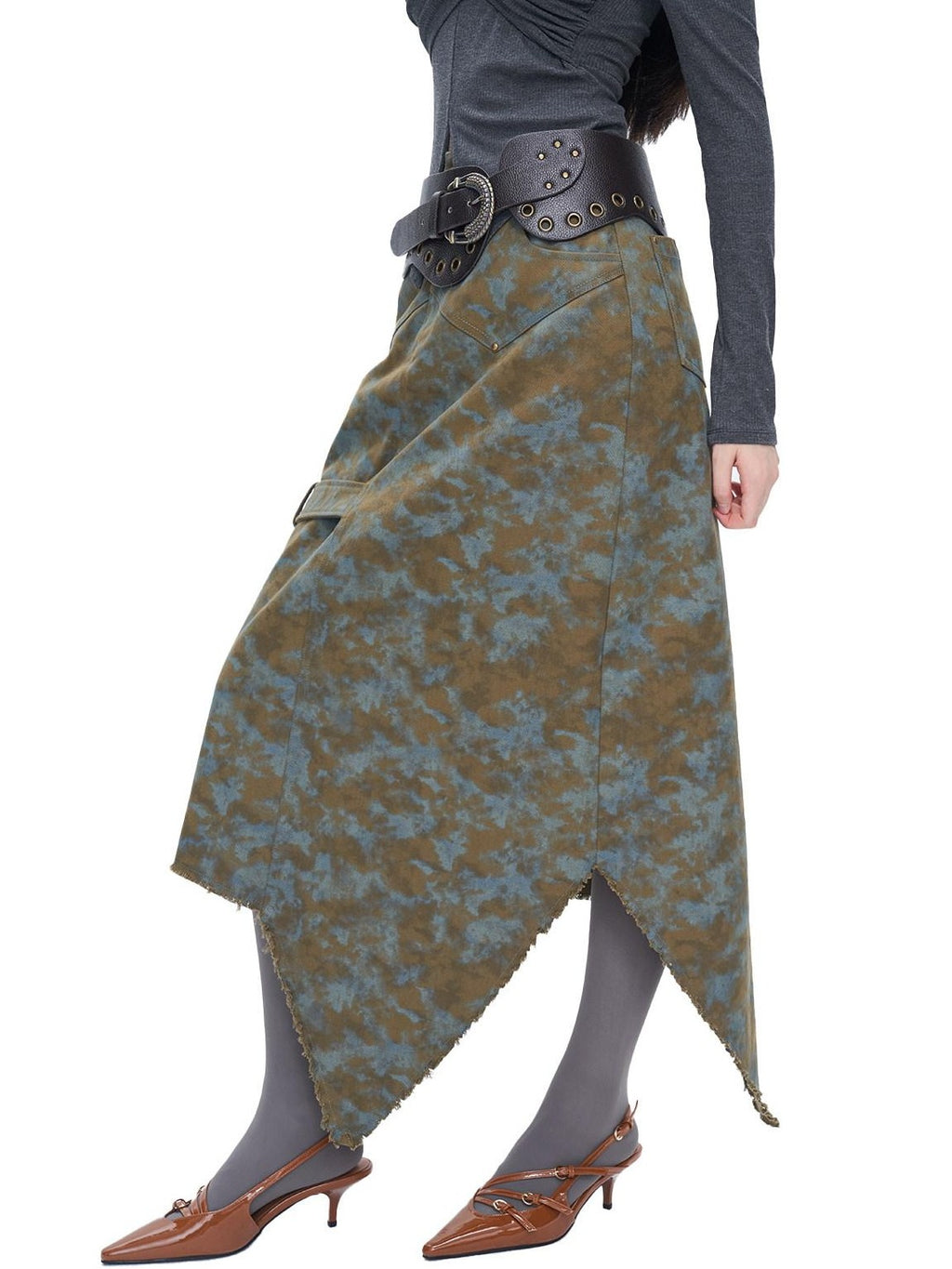 NextPassport MOF Blue Brown Tie Dye Asymmetrical Denim Women's 100 Percent Cotton Maxi Skirts