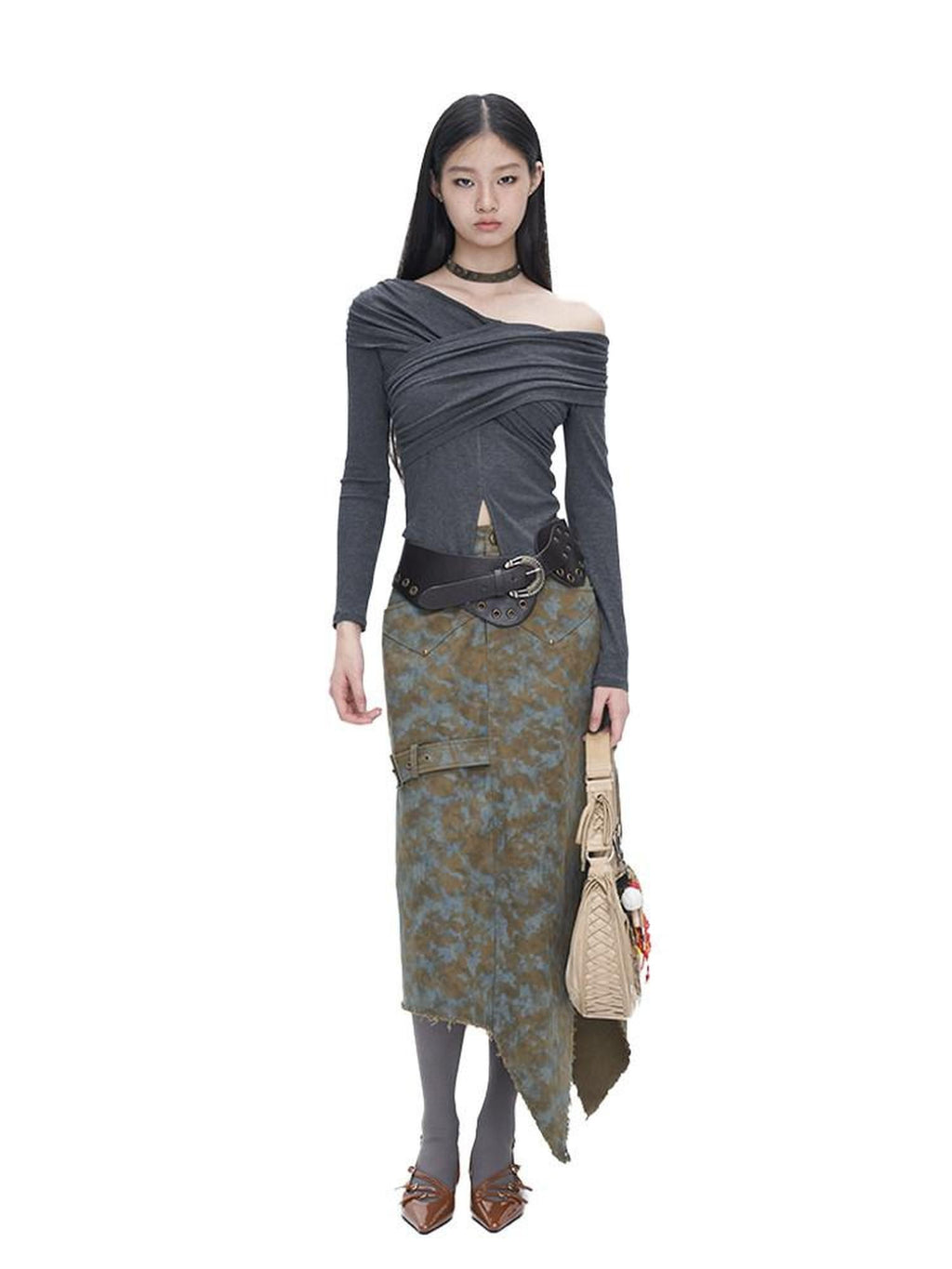 NextPassport MOF Blue Brown Tie Dye Asymmetrical Denim Women's 100 Percent Cotton Maxi Skirts