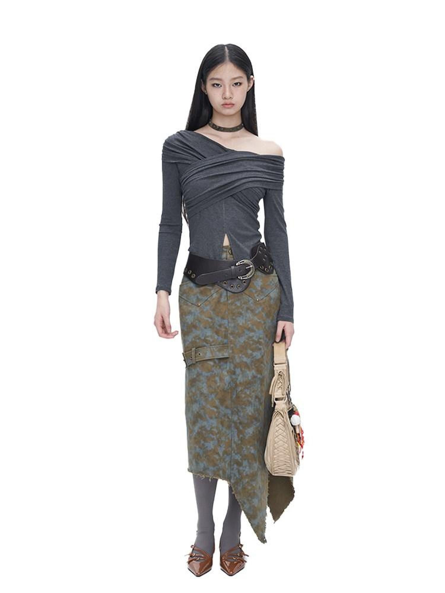 NextPassport MOF Blue Brown Tie Dye Asymmetrical Denim Women's 100 Percent Cotton Maxi Skirts