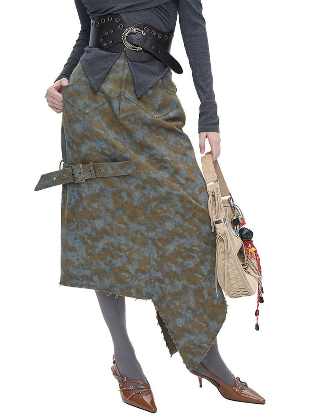 NextPassport MOF Blue Brown Tie Dye Asymmetrical Denim Women's 100 Percent Cotton Maxi Skirts