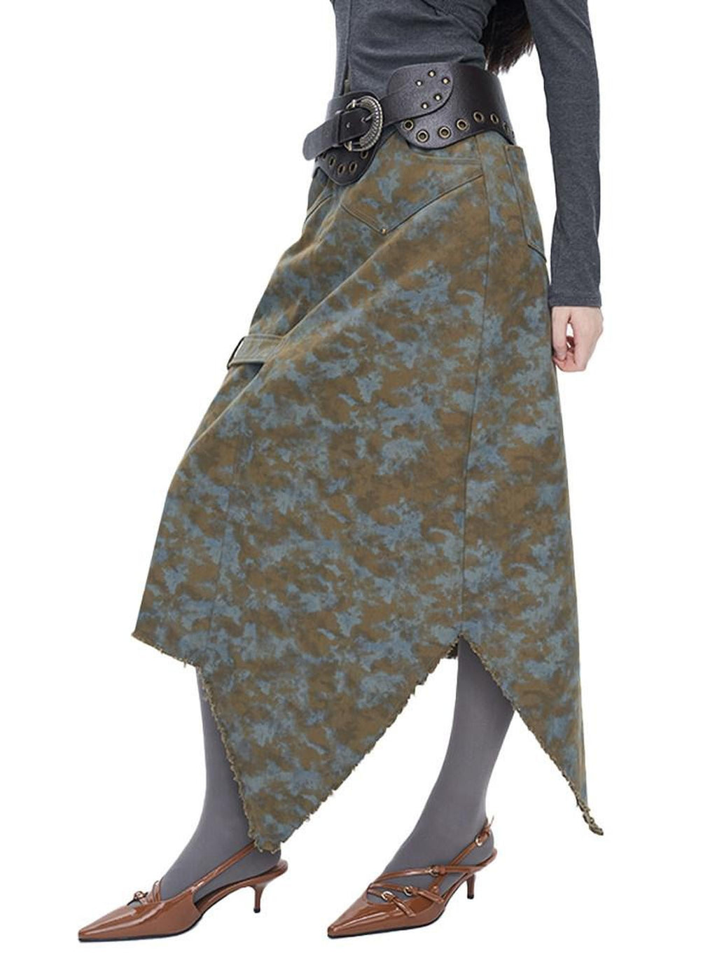 NextPassport MOF Blue Brown Tie Dye Asymmetrical Denim Women's 100 Percent Cotton Maxi Skirts