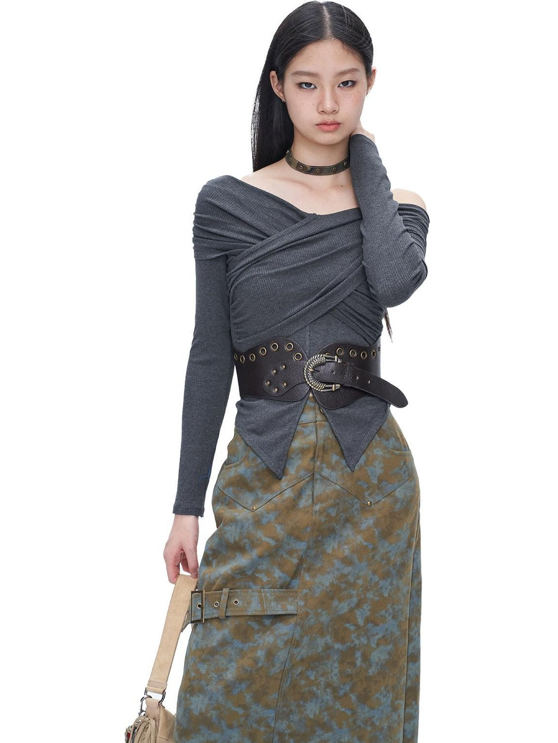 NextPassport MOF Blue Brown Tie Dye Asymmetrical Denim Women's 100 Percent Cotton Maxi Skirts