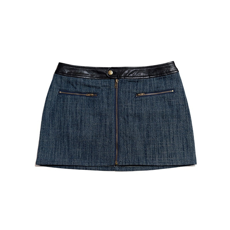 NextPassport_MOF_Blue_Denim_Contrast_Black_Leather_Waist_Zipper_Women's_Cotton_Blend_Mini_Skirts_829661474567_MISSTT