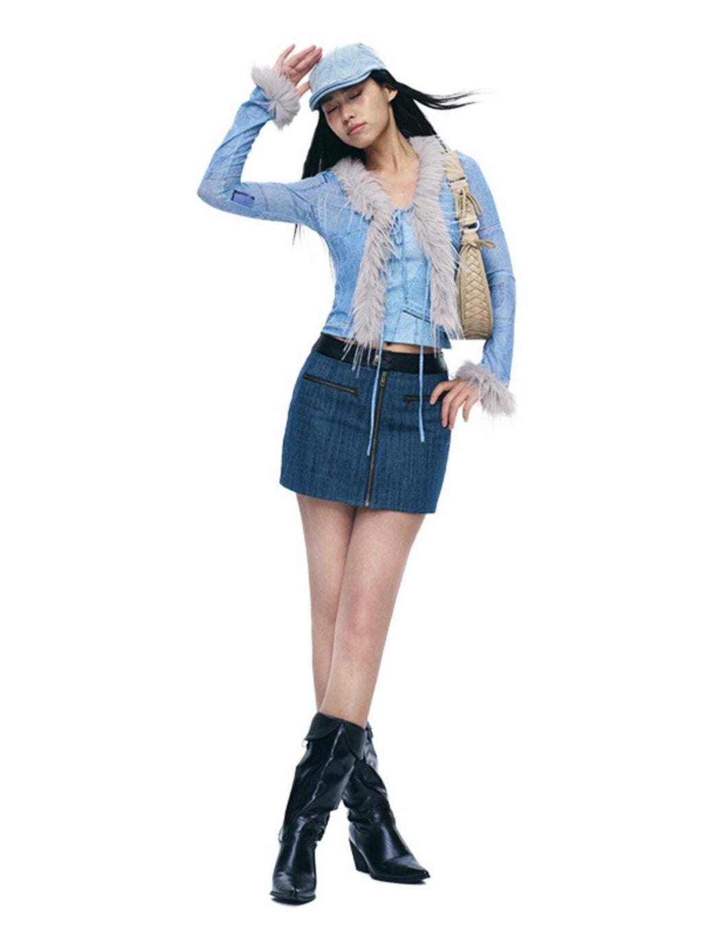 NextPassport MOF Blue Denim Contrast Black Leather Waist Zipper Women's Cotton Blend Mini Skirts