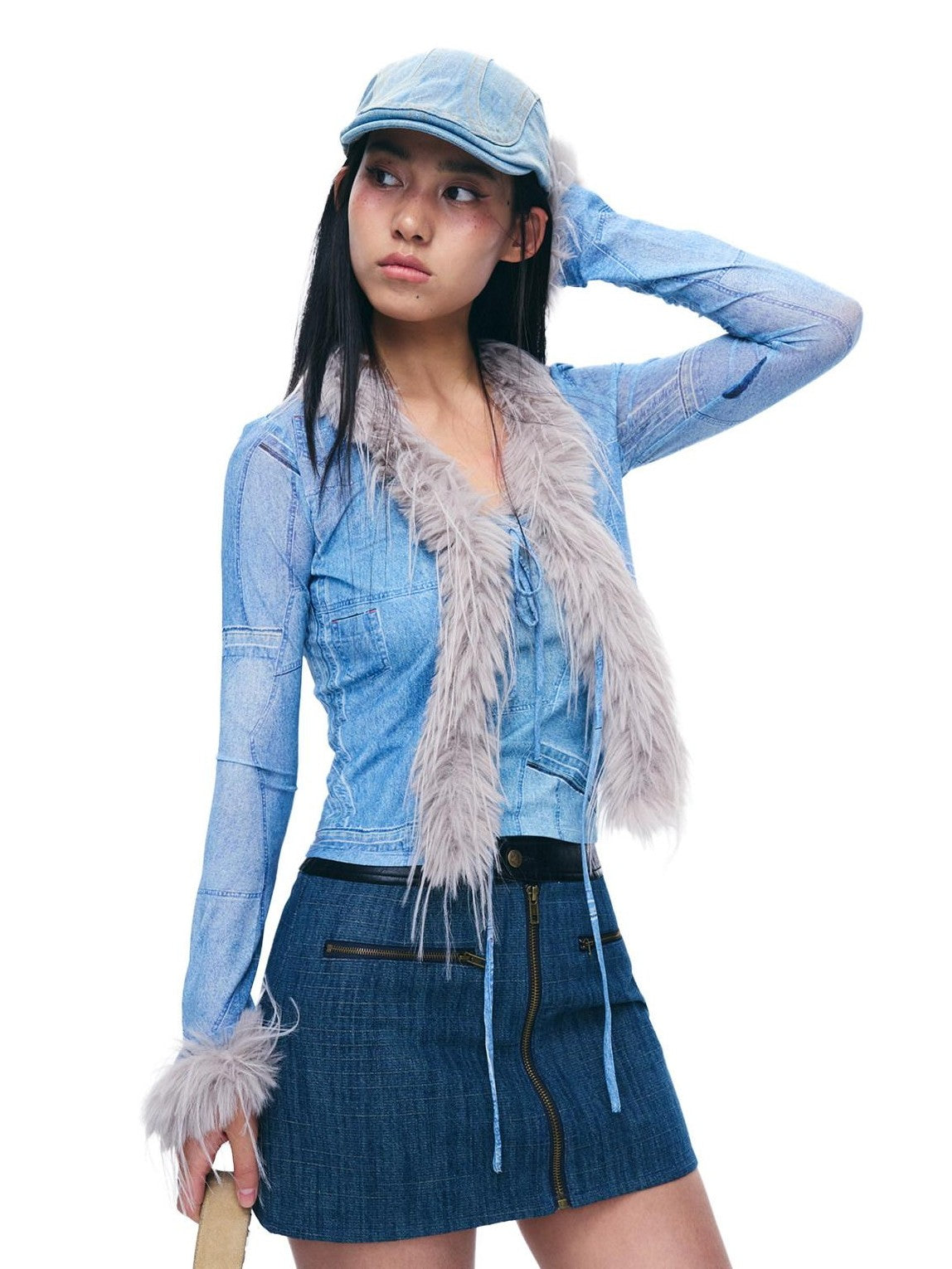 NextPassport MOF Blue Denim Contrast Black Leather Waist Zipper Women's Cotton Blend Mini Skirts