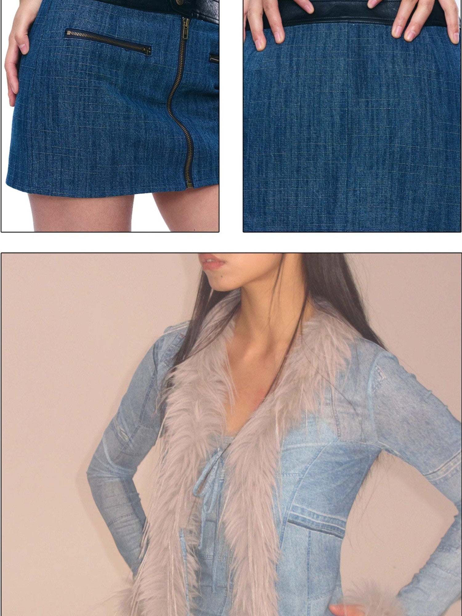 NextPassport MOF Blue Denim Contrast Black Leather Waist Zipper Women's Cotton Blend Mini Skirts