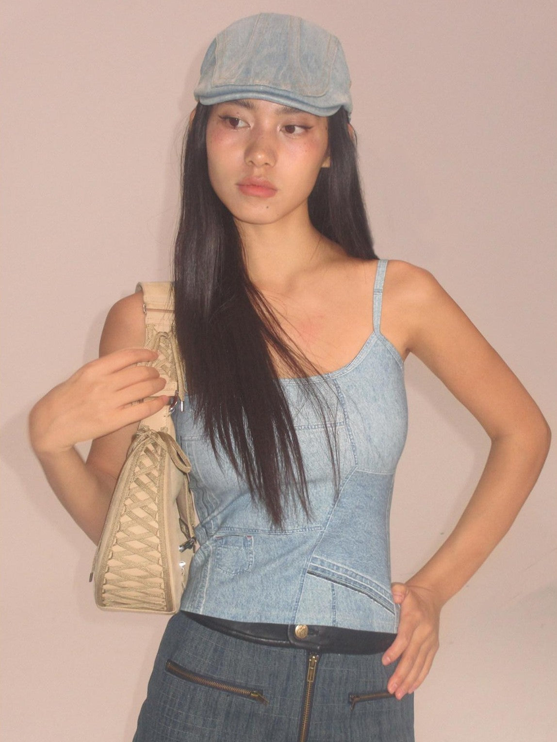 NextPassport MOF Blue Denim Contrast Black Leather Waist Zipper Women's Cotton Blend Mini Skirts