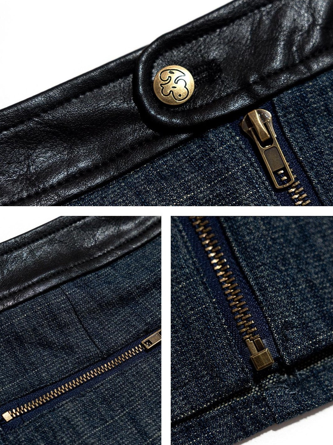 NextPassport MOF Blue Denim Contrast Black Leather Waist Zipper Women's Cotton Blend Mini Skirts