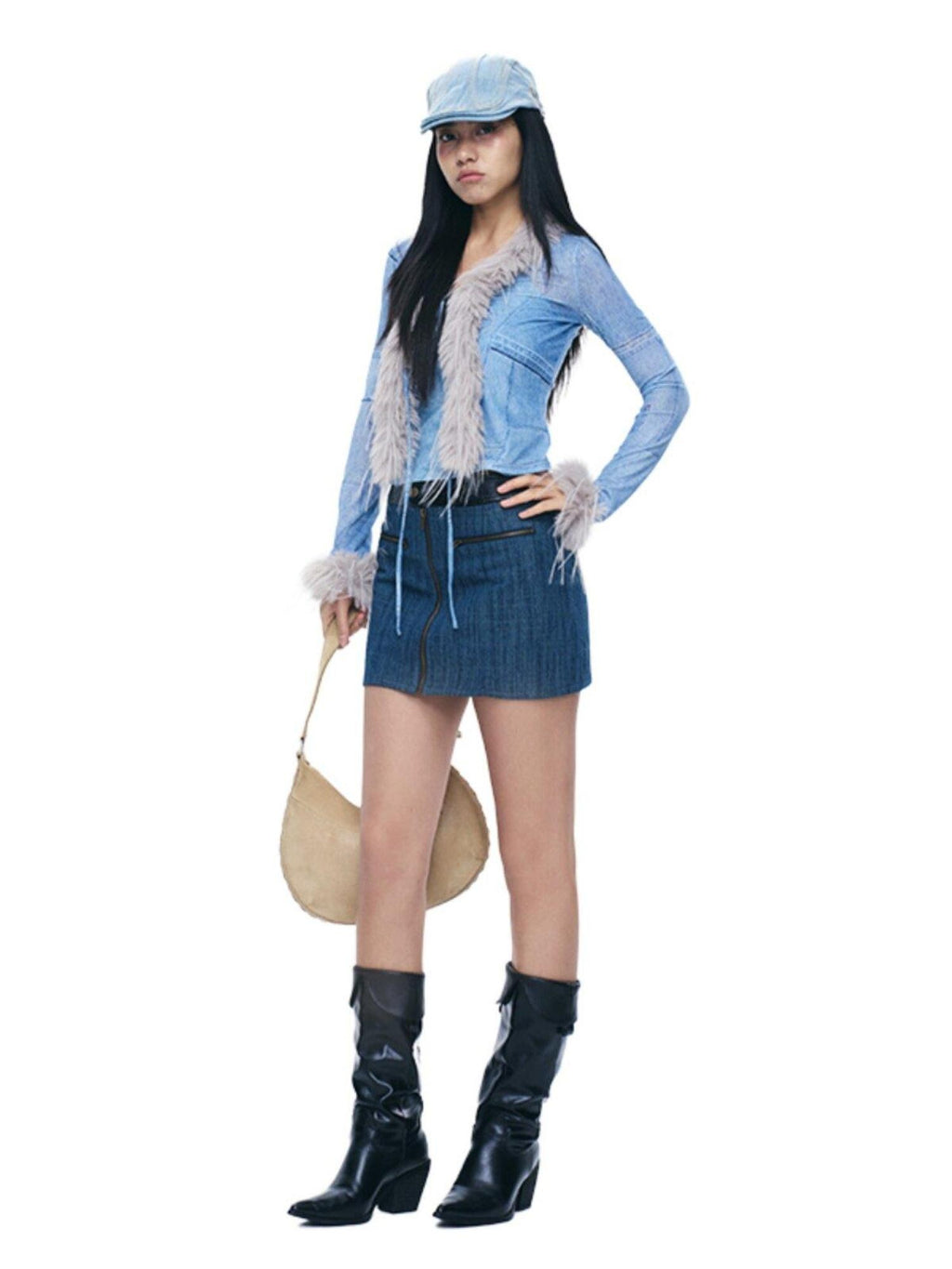 NextPassport MOF Blue Denim Contrast Black Leather Waist Zipper Women's Cotton Blend Mini Skirts