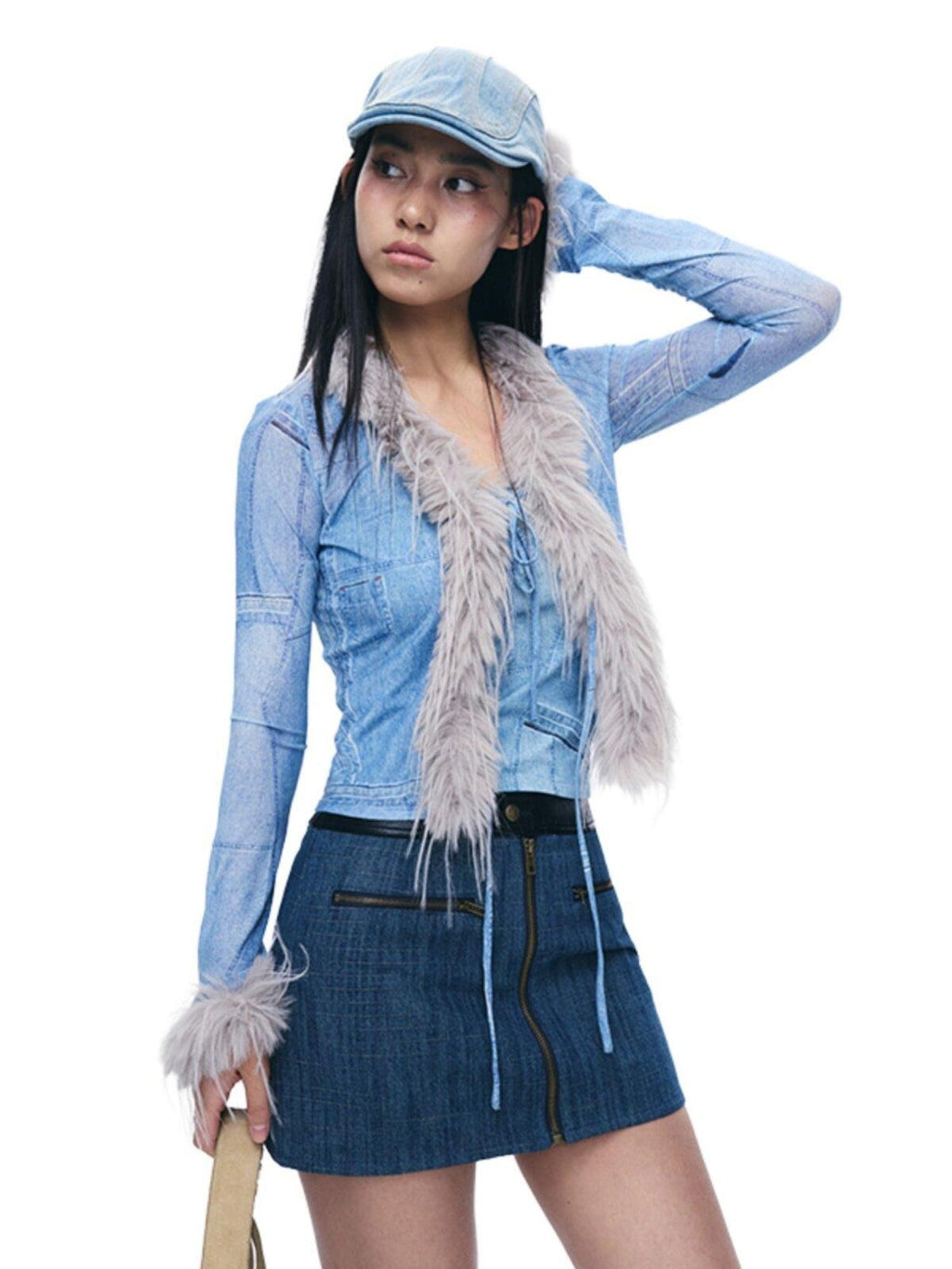 NextPassport MOF Blue Denim Contrast Black Leather Waist Zipper Women's Cotton Blend Mini Skirts