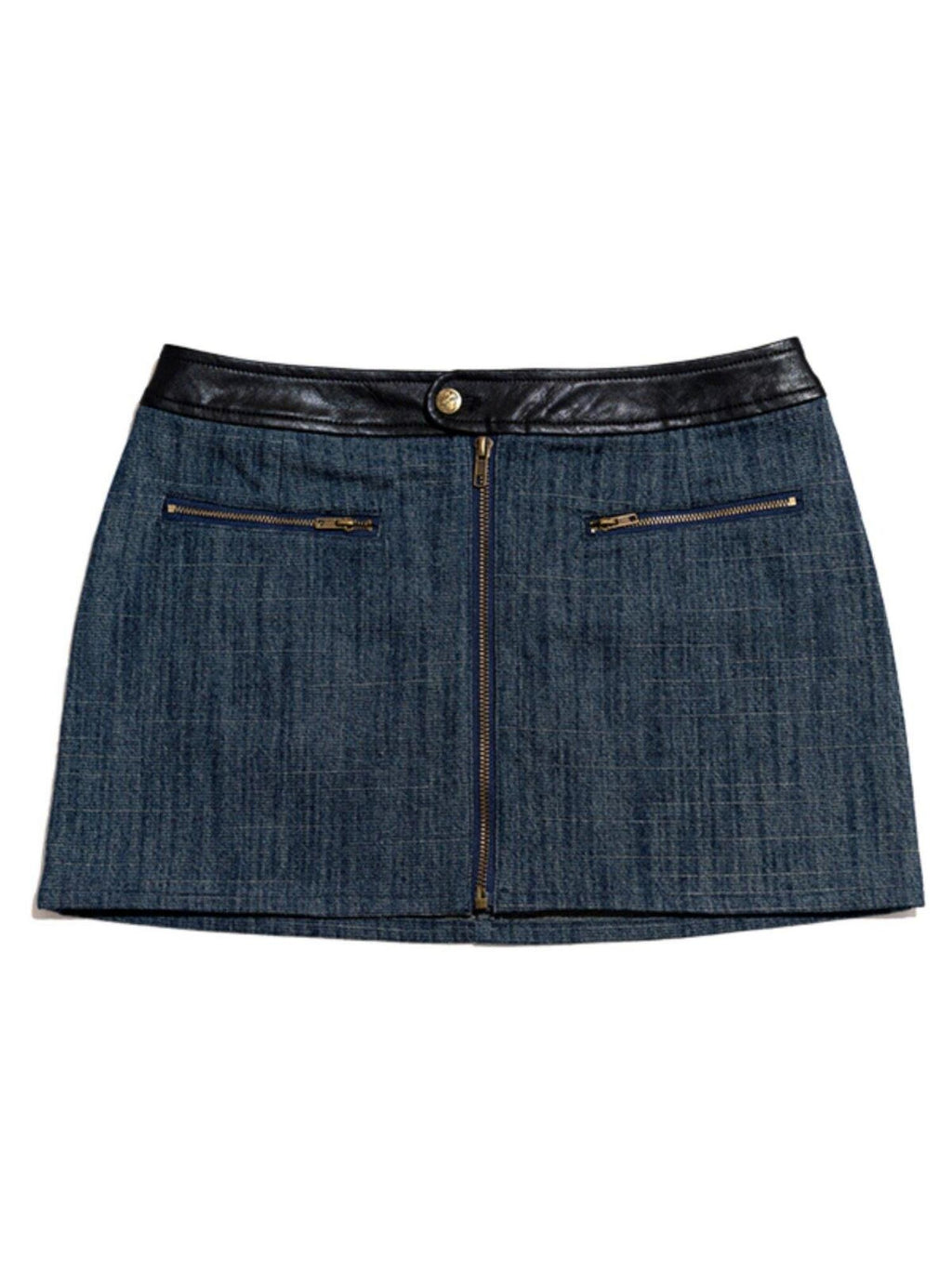 NextPassport MOF Blue Denim Contrast Black Leather Waist Zipper Women's Cotton Blend Mini Skirts
